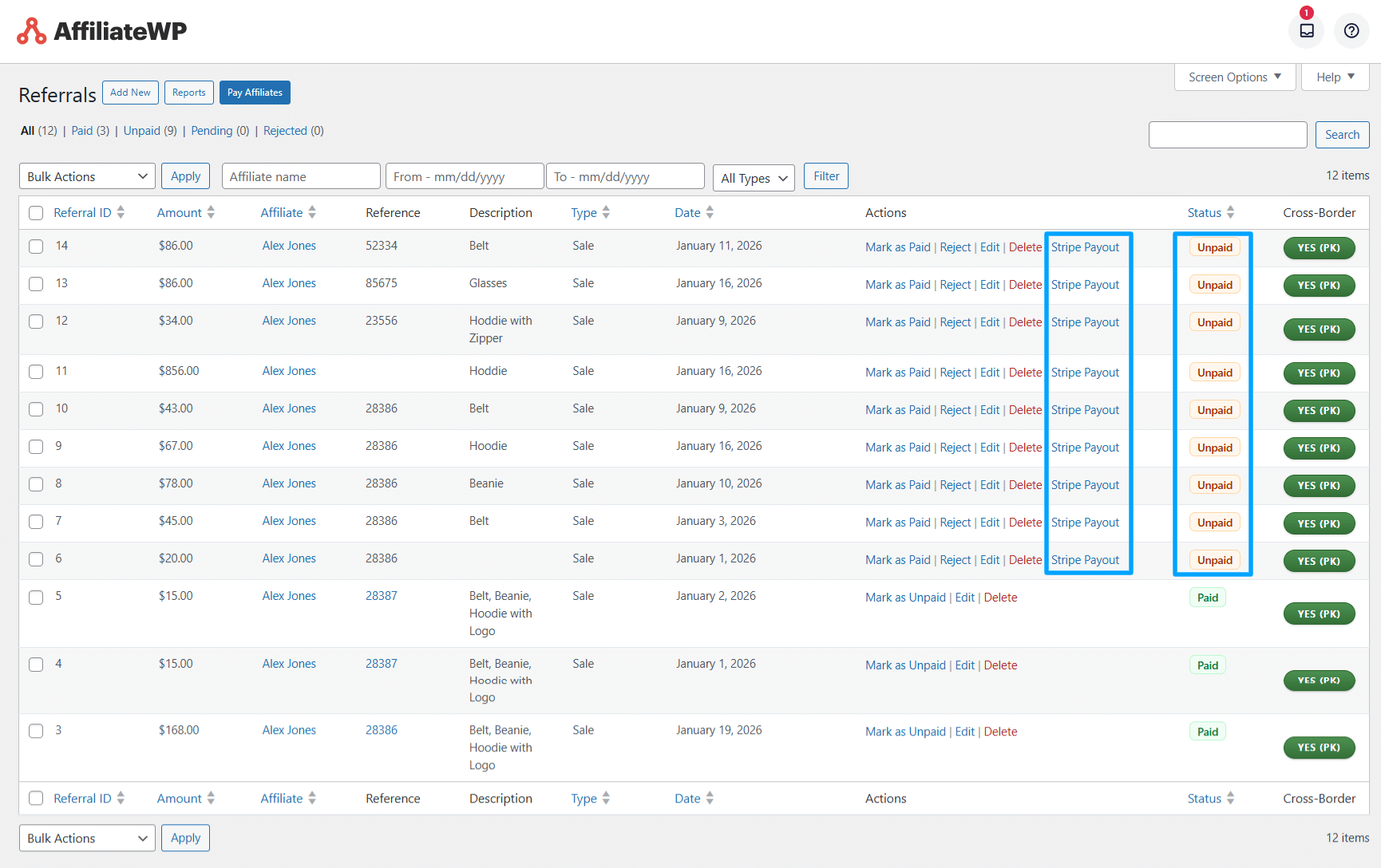 AffiliateWP referrals dashboard AffiliateWP referrals dashboard — referral list, amounts, status and Stripe payout