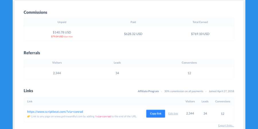 Rewardful affiliate dashboard Rewardful affiliate dashboard — commissions, referrals, and link management